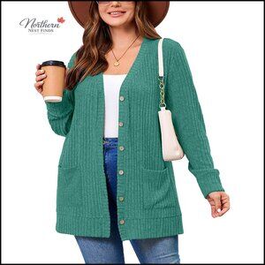 Plus Size Lightweight Cardigan Open Front Button Down Sweater with Pockets